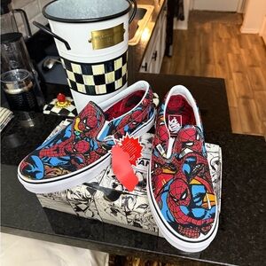 Vans Slip-On Sneakers with Spider-Man Comic Print in Red Blue Black